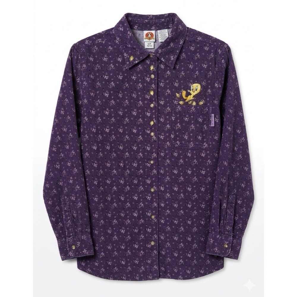 Vintage 90’s Looney Tunes Tweety Bird Purple Floral Corduroy Shirt Plus 14W/16W